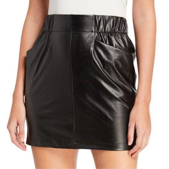 David Lerner x Evereve Pull on Pocket Skirt Black Faux Leather Medium - Picture 2 of 9